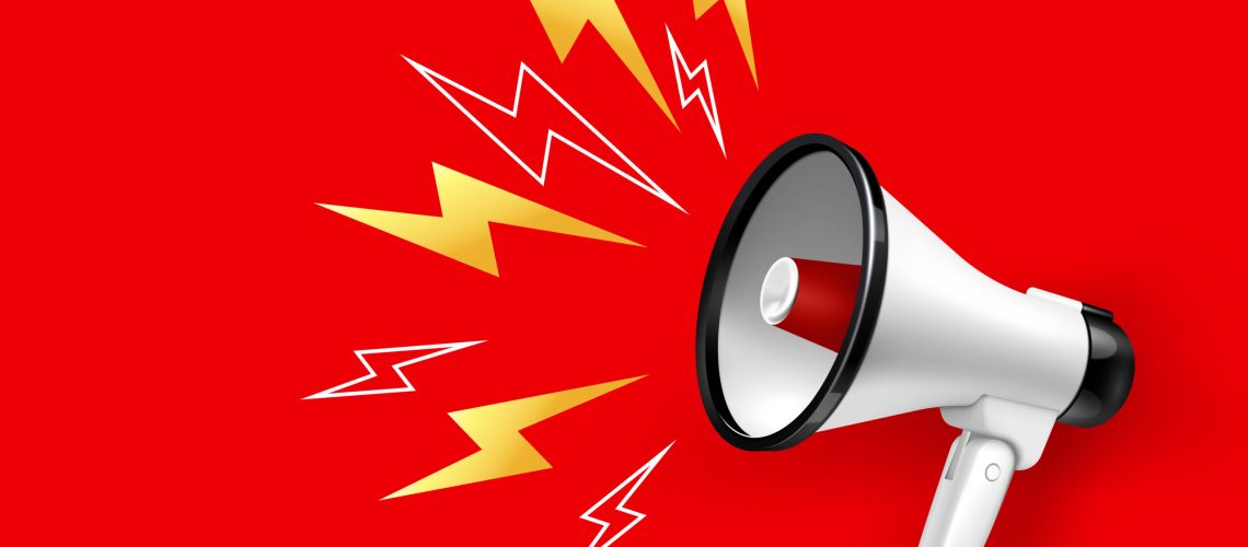 Loudspeaker and megaphone with lightings on red background realistic vector illustration